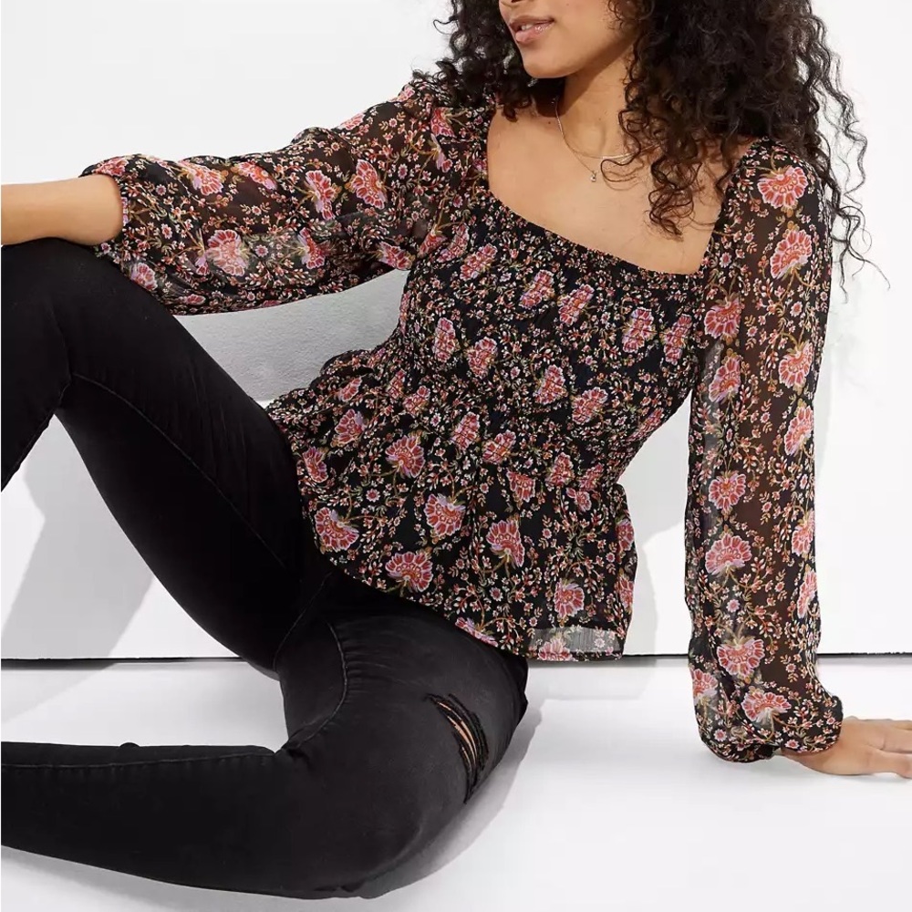 American Eagle Smocked Square Neck Top Black Floral Size Small Grunge Whimsigoth